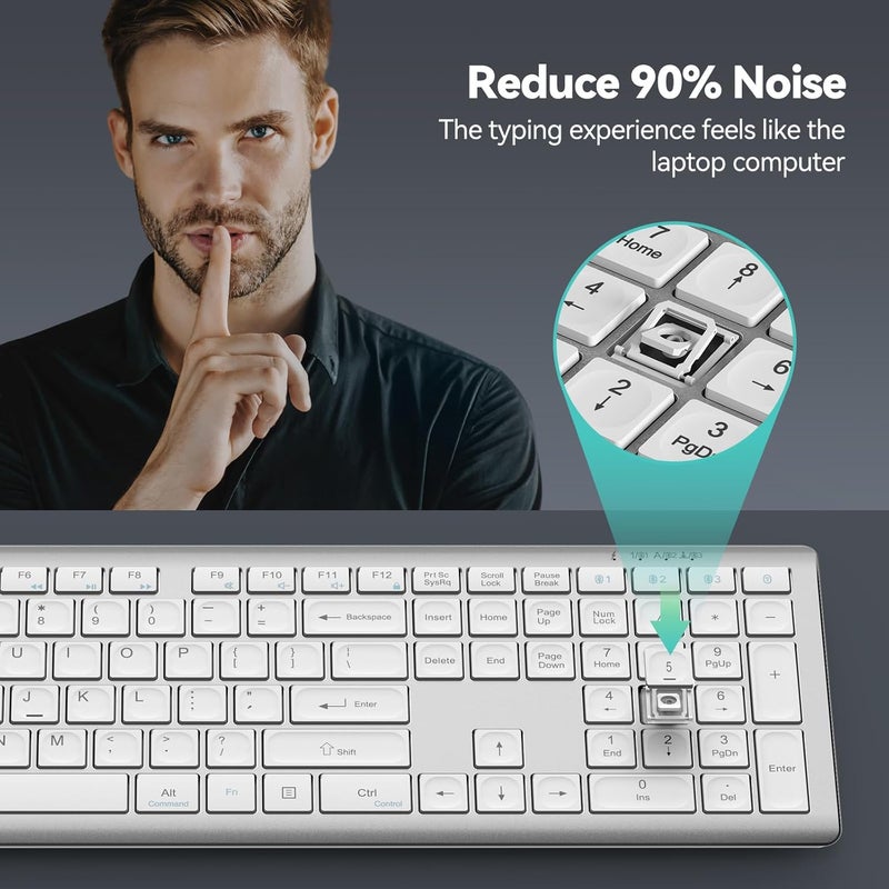 TECKNET Bluetooth Keyboard Rechargeable, 4-Device Free Switching (2.4G+BT), Ultra-Slim Full Size Wireless Keyboard, Quiet Typing, for PC/Laptop/Smart TV/Phone, Adjustable Stand, 12 Multimedia Keys - Image 5